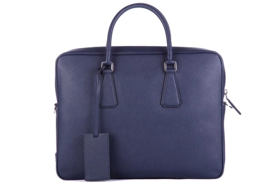 Prada Briefcase Attaché Case Laptop Pc Bag Leather Saffiano Travel In Blue