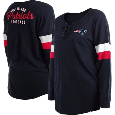 New Era Navy New England Patriots Plus Size Athletic Varsity Lace-up V-neck Long Sleeve T-shirt