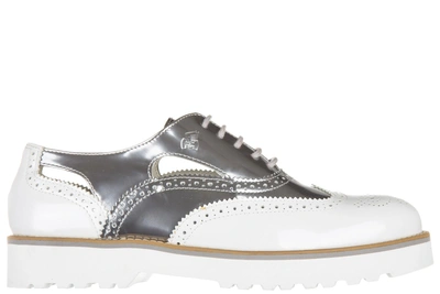 Hogan Women's Classic Leather Lace Up Laced Formal Shoes  Brogue H259 In Argento Bianco