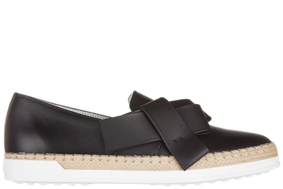 Tod's Women's Leather Slip On Sneakers  Gomma Rafia Fiocco In Black