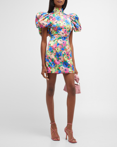 Rotate Birger Christensen Mini Multicolor Dress With Floreal Print And Puff Sleeves In Polyester Blend Woman Rotate In Necatrine Comb