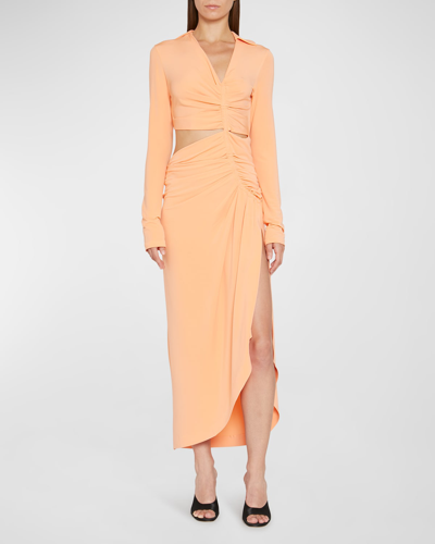 Off-white Ruched Cutout Crepe Midi Shirtdress In Orange