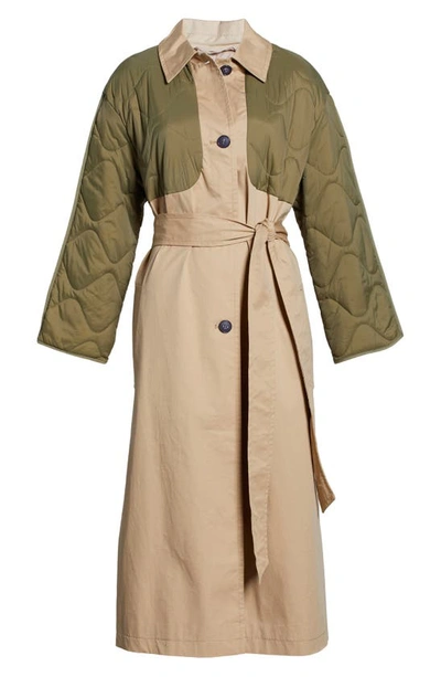 Asos Design Hybrid Quilted Trench Coat In Khaki-green