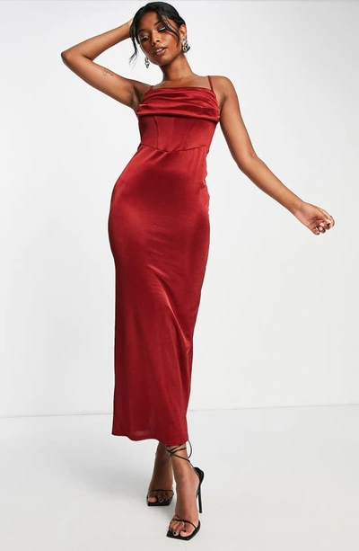 Asos Design Cowl Satin Corset Maxi Dress In Wine-red