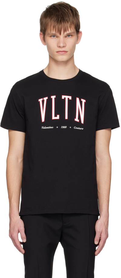 Valentino Cotton Crewneck T-shirt With Vltn Print In Nero
