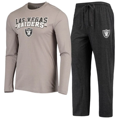 Concepts Sport Men's  Black, Silver Las Vegas Raiders Meter Long Sleeve T-shirt And Pants Sleep Set In Black,silver