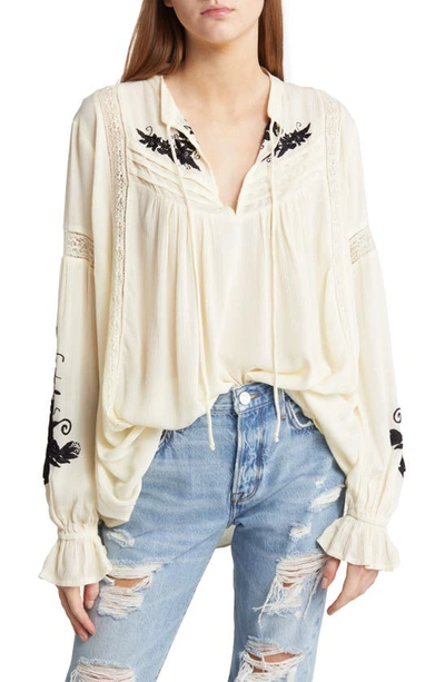 Free People Tusalossa Embroidered Lace Trim Split Neck Top In White