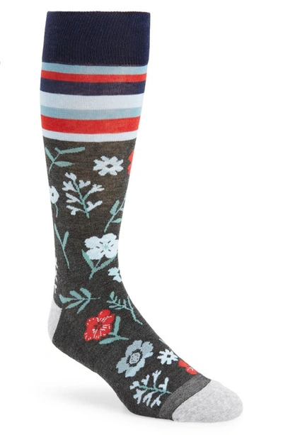 Nordstrom Coolmax® Pattern Dress Socks In Grey Heather Floral Stripe