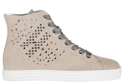 Hogan Rebel Women's Shoes High Top Suede Trainers Sneakers R182 In Beige