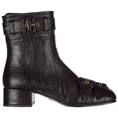 Prada Women's Leather Ankle Boots Booties In Black