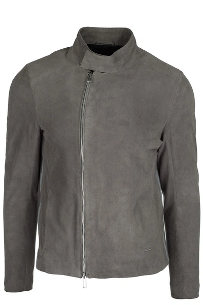 Emporio Armani Men's Leather Outerwear Jacket Blouson In Grey
