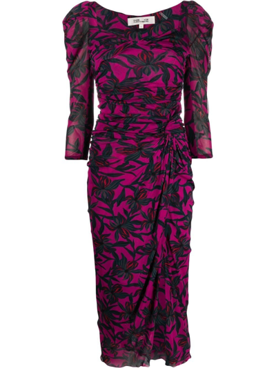 Diane Von Furstenberg Ruched Botanical-print Mesh Midi Dress In Multi