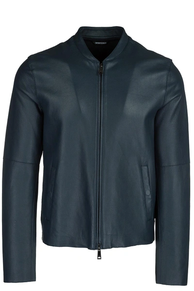 Emporio Armani Men's Leather Outerwear Jacket Blouson In Blue
