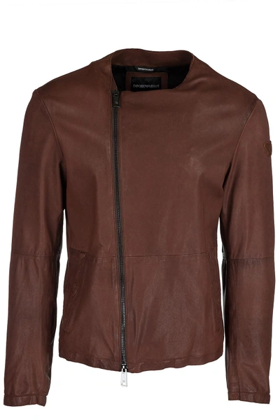 Emporio Armani Men's Leather Outerwear Jacket Blouson In Brown