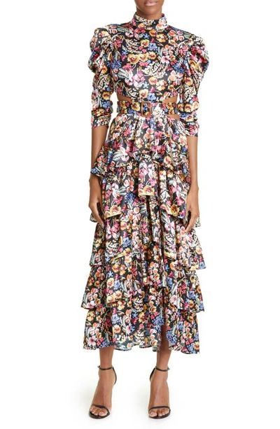 Likely Dannia Floral Tiered Ruffle Cutout Belted Dress In Black Multi