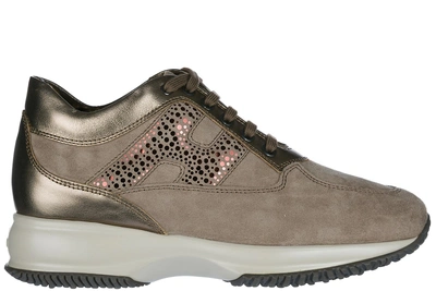 Hogan Women's Shoes Suede Trainers Sneakers Interactive In Beige