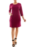 Nina Leonard Patterned 3/4 Sleeve Trapeze Dress In Sangria/ Black