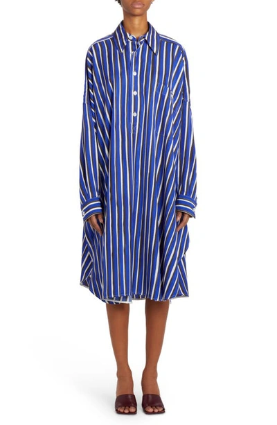 Bottega Veneta Oversized Hand-drawn Striped Twill Shirt Dress In Blue