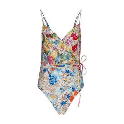 Zimmermann Clover Wrap-effect Floral-print Swimsuit In Multi
