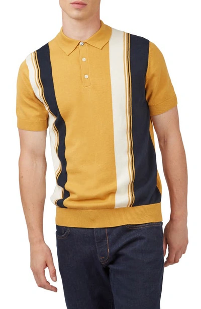 Ben Sherman Men's Knitted Vertically-striped Short-sleeve Embroidered Polo Shirt In Sunflower