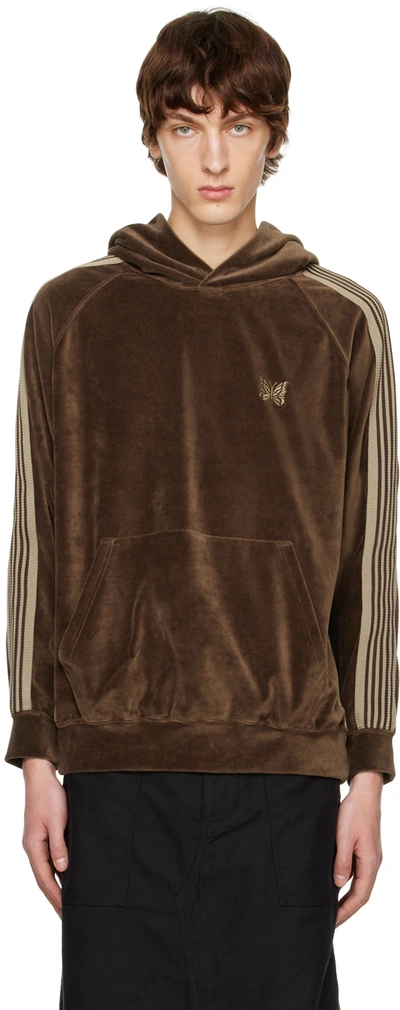 Needles Logo-embroidered Velour Hoodie In Brown