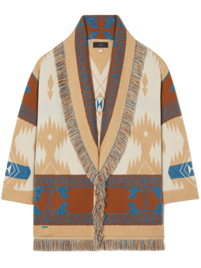 Alanui Icon Jacquard Fringe Belted Cashmere Cardigan In Beige