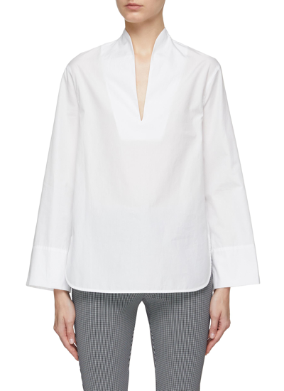 Vince Band Collar V-neck Long Sleeve Cotton Blouse In White