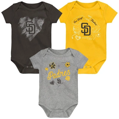 Outerstuff Babies' Infant Boys And Girls Brown, Gold, Gray San Diego Padres Batter Up 3-pack Bodysuit Set In Brown,gold,gray