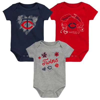 Outerstuff Baby Boys And Girls Navy, Red, Gray Minnesota Twins Batter Up 3-pack Bodysuit Set In Navy,red,gray