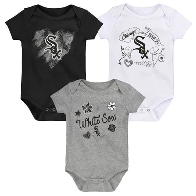 Outerstuff Babies' Girls Newborn & Infant Black/white/heathered Gray Chicago White Sox 3-pack Batter Up Bodysuit Set