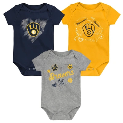 Outerstuff Babies' Girls Newborn And Infant Navy, Gold, Heathered Gray Milwaukee Brewers 3-pack Batter Up Bodysuit Set In Navy,gold,heathered Gray