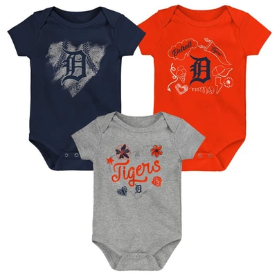 Outerstuff Babies' Infant Boys And Girls Navy, Orange, Gray Detroit Tigers Batter Up 3-pack Bodysuit Set In Navy,orange,gray