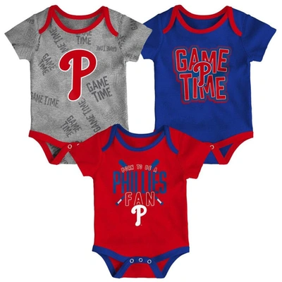 Outerstuff Babies' Newborn And Infant Boys And Girls Philadelphia Phillies Red, Royal, Heathered Gray Game Time Three-p In Red,royal,heathered Gray