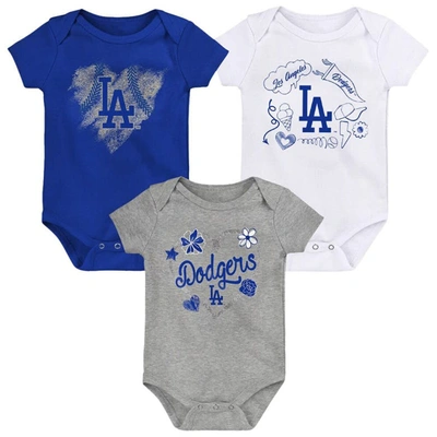Outerstuff Babies' Girls Newborn And Infant Royal, White, Heathered Gray Los Angeles Dodgers 3-pack Batter Up Bodysuit In Royal,white,heathered Gray