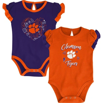 Outerstuff Babies' Girls Newborn And Infant Orange, Purple Clemson Tigers Too Much Love Two-piece Bodysuit Set In Orange,purple