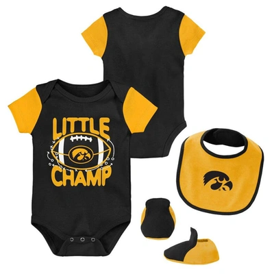 Outerstuff Babies' Newborn And Infant Boys And Girls Black, Gold Iowa Hawkeyes Little Champ Bodysuit Bib And Booties Se In Black,gold