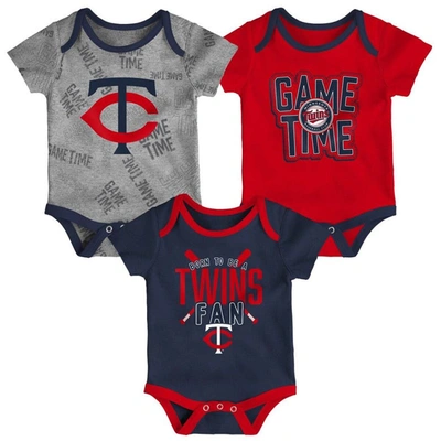 Outerstuff Babies' Newborn And Infant Boys And Girls Minnesota Twins Navy, Red, Heathered Gray Game Time Three-piece Bo In Navy,red