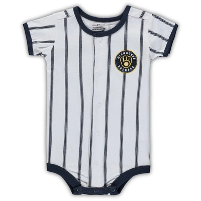 Outerstuff Babies' Newborn Boys And Girls White, Navy Milwaukee Brewers Power Hitter Short Sleeve Bodysuit In White,navy