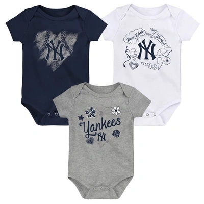 Outerstuff Babies' Girls Newborn And Infant Navy, White, Heathered Gray New York Yankees 3-pack Batter Up Bodysuit Set In Navy,white,gray