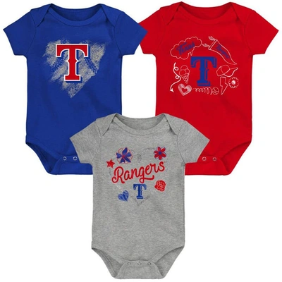 Outerstuff Babies' Girls Newborn And Infant Royal, Red, Heathered Gray Texas Rangers 3-pack Batter Up Bodysuit Set In Royal,red,gray