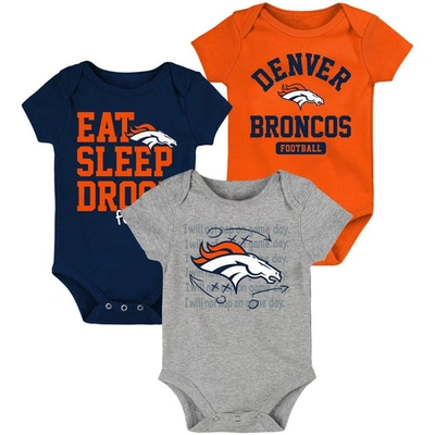 Outerstuff Babies' Newborn And Infant Boys And Girls Orange, Navy Denver Broncos Eat Sleep Drool Football Three-piece B In Orange,navy