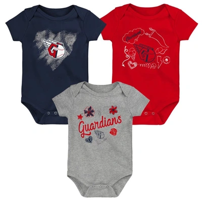 Outerstuff Babies' Girls Newborn And Infant Navy, Red, Heathered Gray Cleveland Guardians 3-pack Batter Up Bodysuit Set In Navy,red,heathered Gray