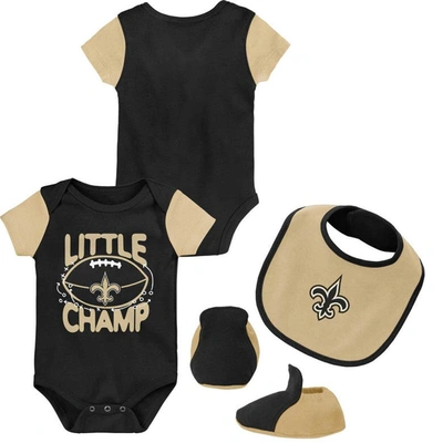 Outerstuff Babies' Newborn & Infant Black/gold New Orleans Saints Little Champ Three-piece Bodysuit Bib & Booties Set