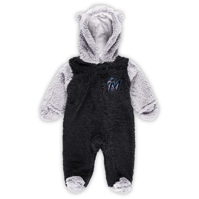 Outerstuff Babies' Newborn And Infant Black/gray Miami Marlins Game Nap Teddy Fleece Bunting Full-zip Sleeper