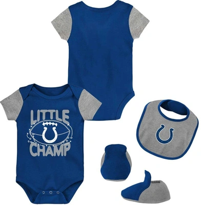 Outerstuff Baby Boys And Girls Royal, Gray Indianapolis Colts Little Champ Three-piece Bodysuit Bib And Booties In Royal,gray