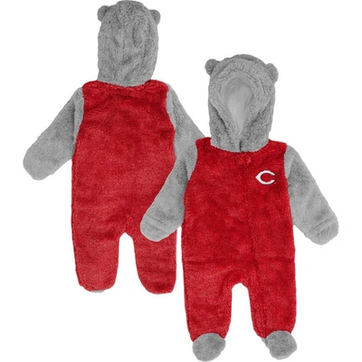 Outerstuff Babies' Newborn And Infant Boys And Girls Red, Gray Cincinnati Reds Game Nap Teddy Fleece Bunting Full-zip S In Red,gray