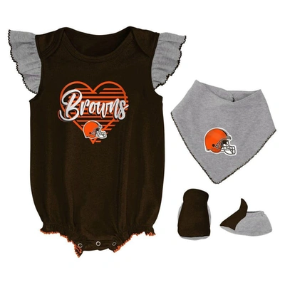 Outerstuff Babies' Girls Newborn & Infant Brown/heathered Gray Cleveland Browns All The Love Bodysuit Bib & Booties Set In Brown,heather Gray