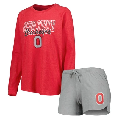 Concepts Sport Women's  Scarlet, Gray Ohio State Buckeyes Raglan Long Sleeve T-shirt And Shorts Sleep In Scarlet,gray