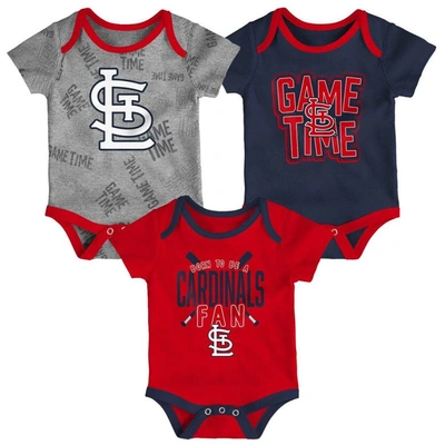 Outerstuff Babies' Newborn And Infant Boys And Girls St. Louis Cardinals Red, Navy, Heathered Gray Game Time Three-piec In Red,navy,heathered Gray