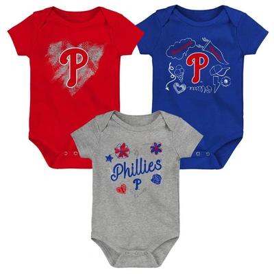 Outerstuff Babies' Girls Newborn And Infant Red, Royal, Heathered Gray Philadelphia Phillies 3-pack Batter Up Bodysuit In Red,royal,heathered Gray